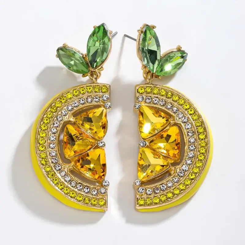 Summer Full Rhinestone Lemon Drop Dangle Earrings Fruit Pendant Stud Earrings Vacation Beach Party Jewelry Gift Oasis Select