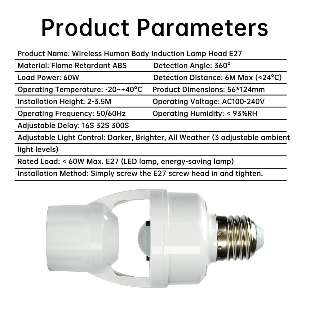 Motion Sensor Led Lamp Base E27 Socket Converter Light Bulb Holder Adapter Switch Adjustable PIR Human Induction Light Accessory Oasis Select