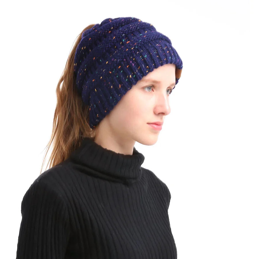 Mixed color hollow top hat with large brim, knitted ponytail, parent-child hat, yarn and yarn versatile Oasis Select 2