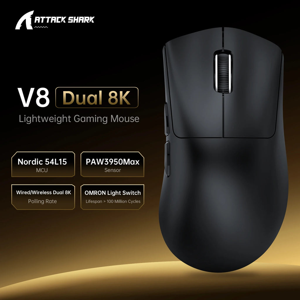 ATTACK SHARK V8 Dual 8K Gaming Wireless Mouse, PAW3950MAX 42K DPI, 8000Hz, 59g Lightweight Ice-Cool Coating, Nordic 54L15 MCU Oasis Select V8 Black-Dual 8K