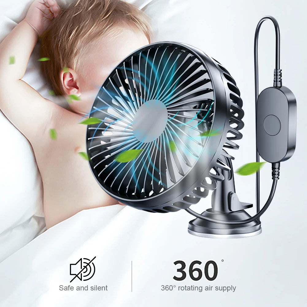 USB Single Head Car Fan 12V/24V with Suction Cup Auto Cooler 360 Degree All-Round Mini Car Air Cooling Fan for Car Truck SUV RV Oasis Select