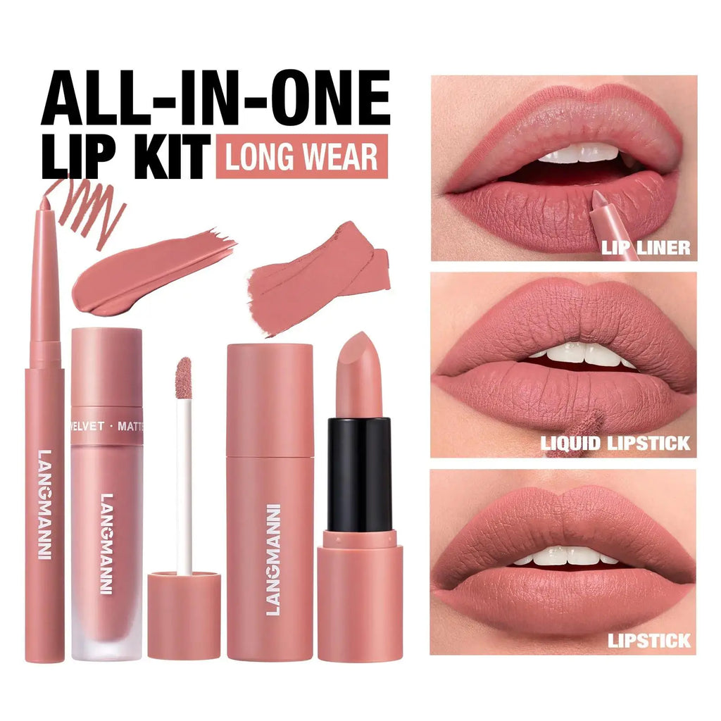 LANGMANNI 3-Piece Matte Lip Kit – Liquid Lipstick & Lipliner