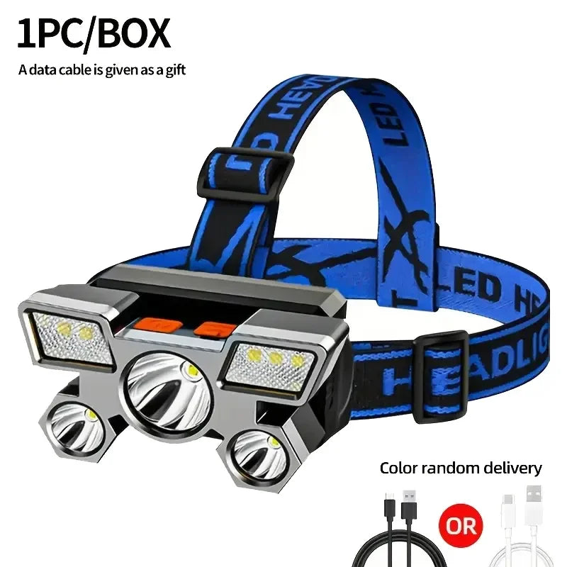 5*LED High Power Headlamp, Super Bright Rechargeable Fishing Camping Light, Long Distance Head Mounted Mining Lamp, Flashlight Oasis Select Blue 1PC