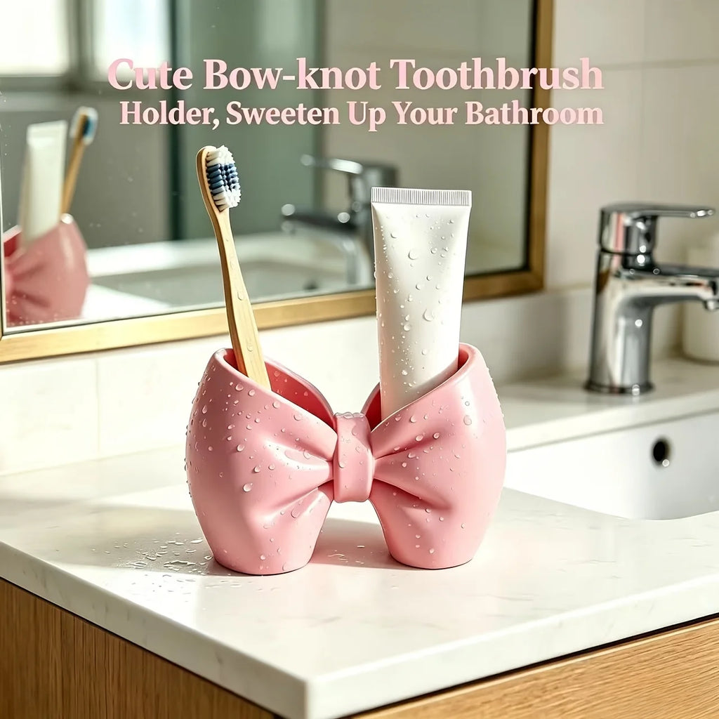 Plastic Toothbrush Holder, Cute Bow Design, Perfect for the Bathroom or Bedroom - Cute Toothbrush and Pen Display Stand Oasis Select