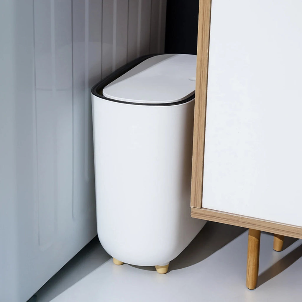 Narrow Shape Press Ring Trash Can with Lid for Bathroom Gap, Highlighting the Features of Garbage Classification Oasis Select