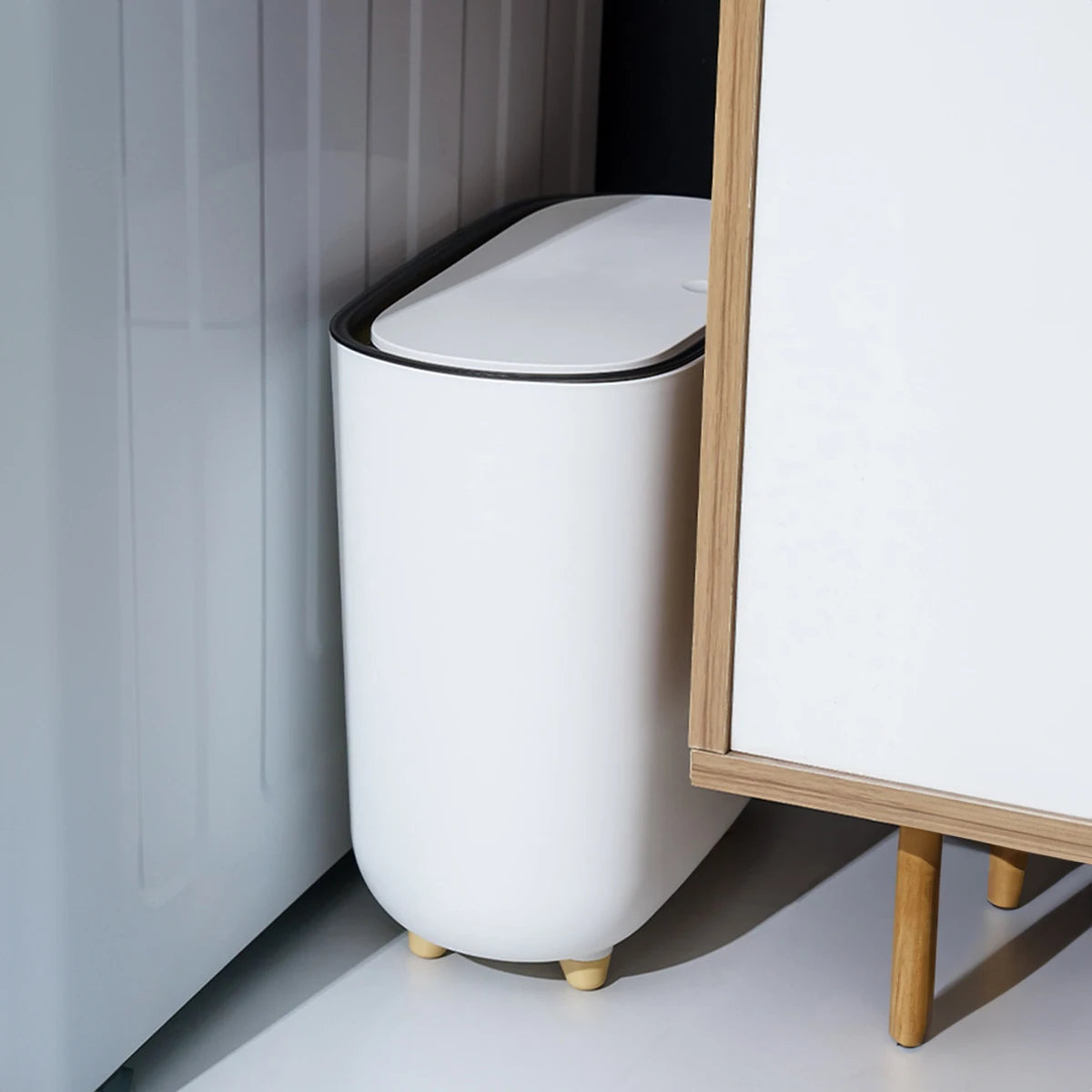 Narrow Shape Press Ring Trash Can with Lid for Bathroom Gap, Highlighting the Features of Garbage Classification Oasis Select