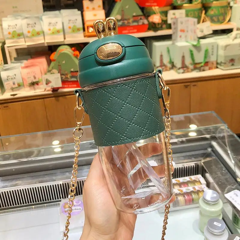 1 PCS Cute Bunny Ear Clear Large Capacity Water Bottle Pearl Strap Cartoon Decors For Girls Daily Use Oasis Select green580ml F