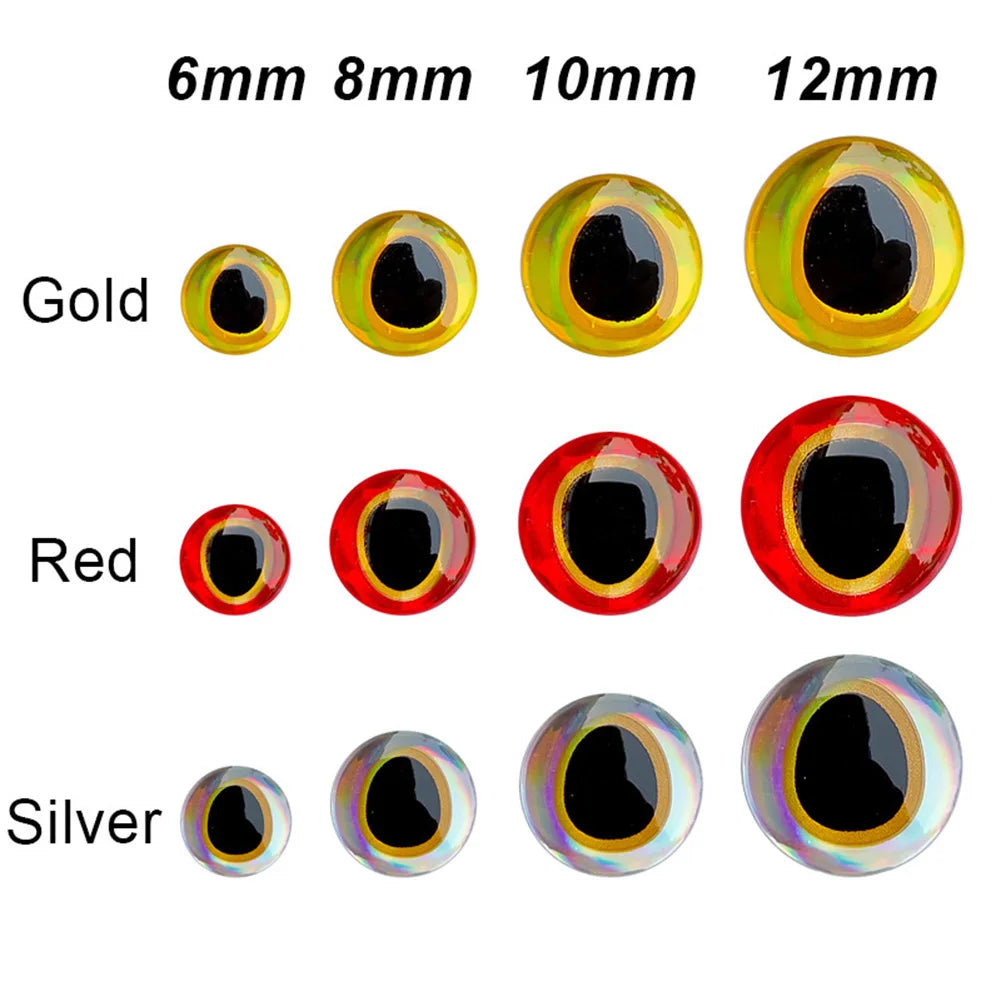 100PCS 6-12mm Fishing Lure Eyes 3D-Holographic Simulation Fly Bait Artificial Silver/Red/Gold Fish Eyes Sticker For DIY Fishing Oasis Select