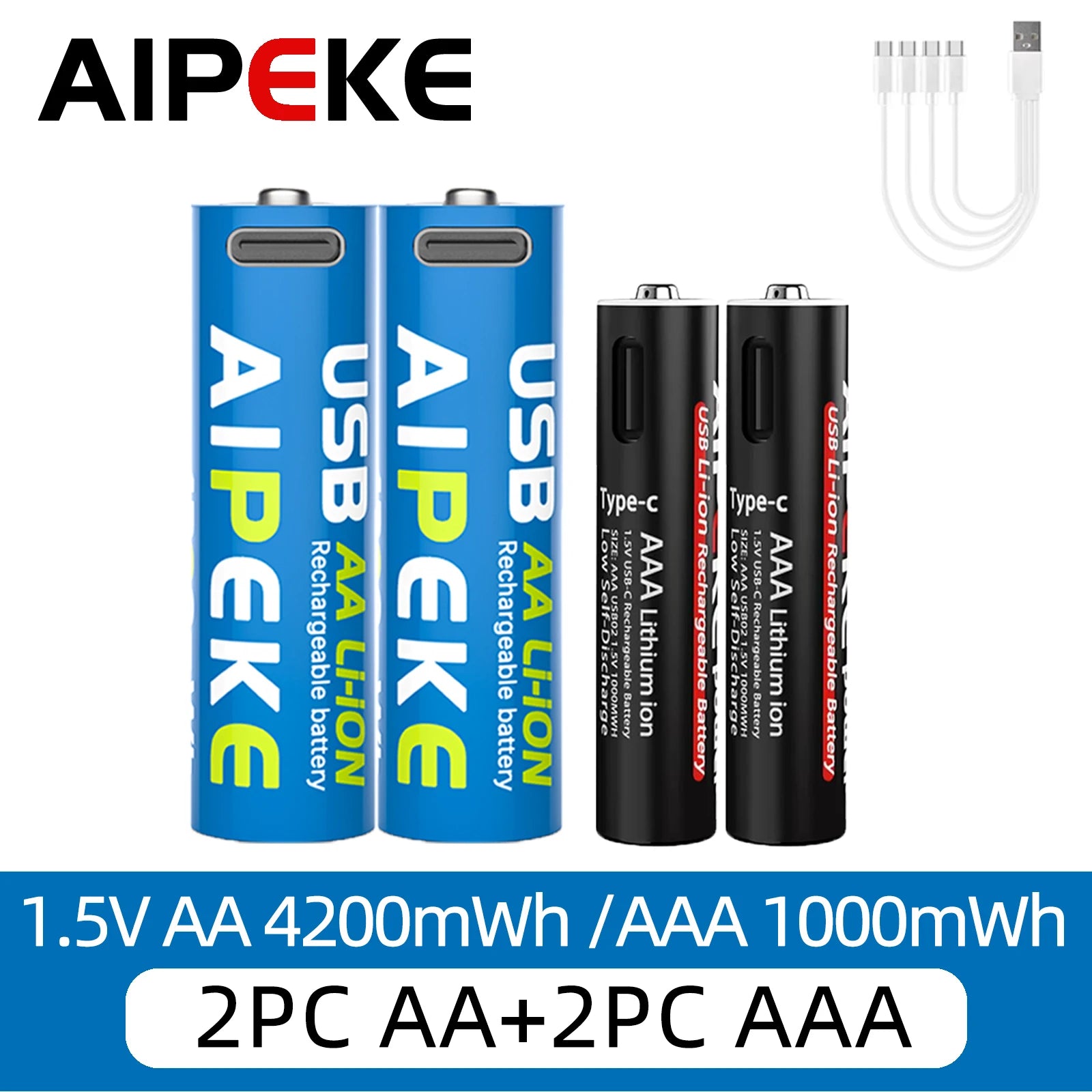 AIPEKE Aa Rechargeable Batteries 4200mWh triple aaa rechargeable batteries 1.5V 1000mWh,USB-C Charging for Remote Control Mouse Oasis Select AA2PC and AAA2PC