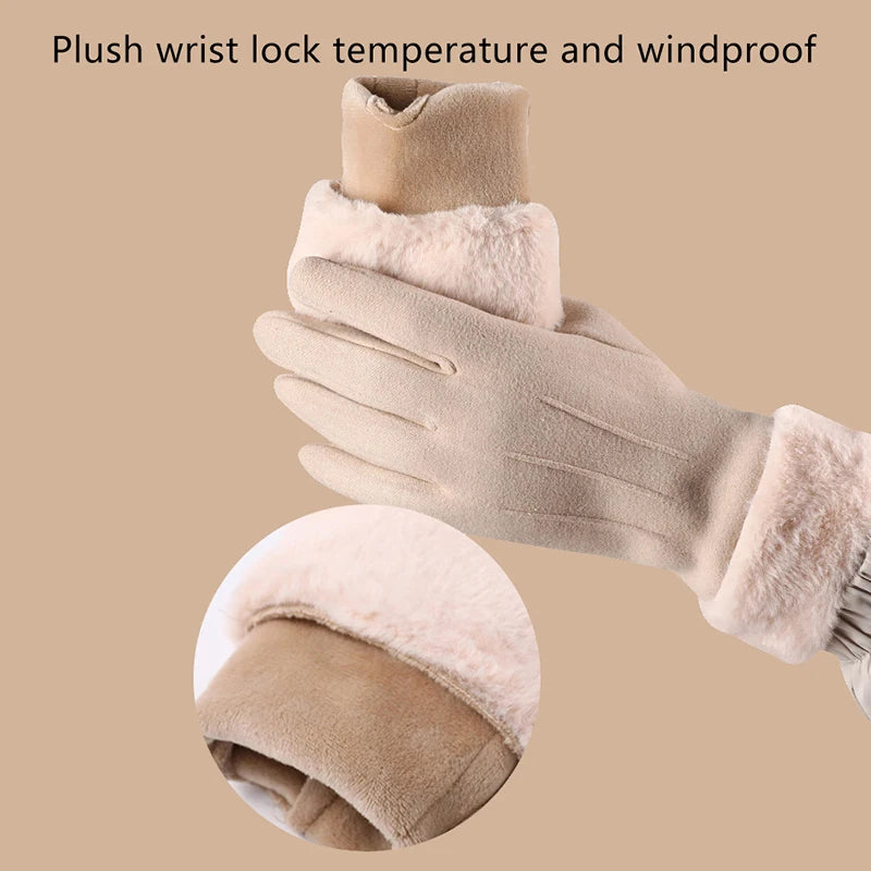 Autumn Winter Warm Suede Gloves Plus Velvet Thickened Plush Decor Cuff Gloves Outdoor Coldproof Touchscreen Riding Ski Gloves Oasis Select