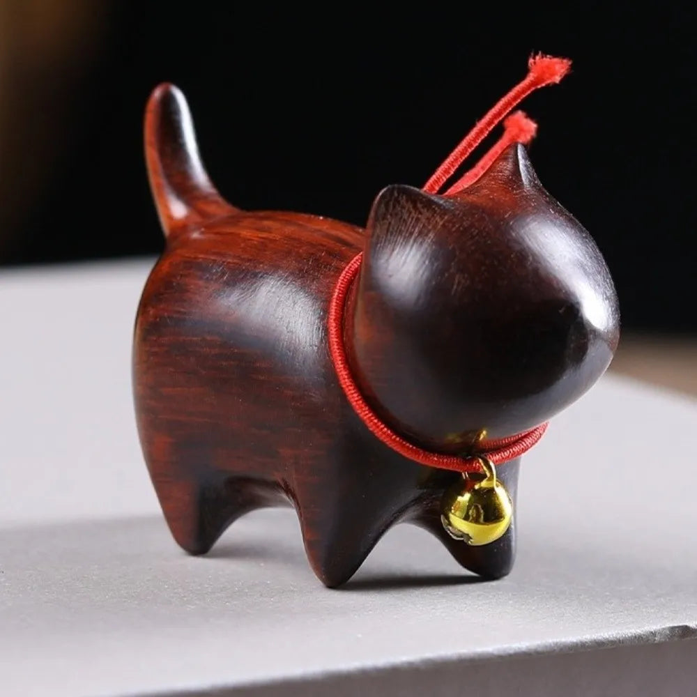 Handmade Wooden Cat Figurine with Bell | Natural Wood Decor Wood Cat Figurine Oasis Select