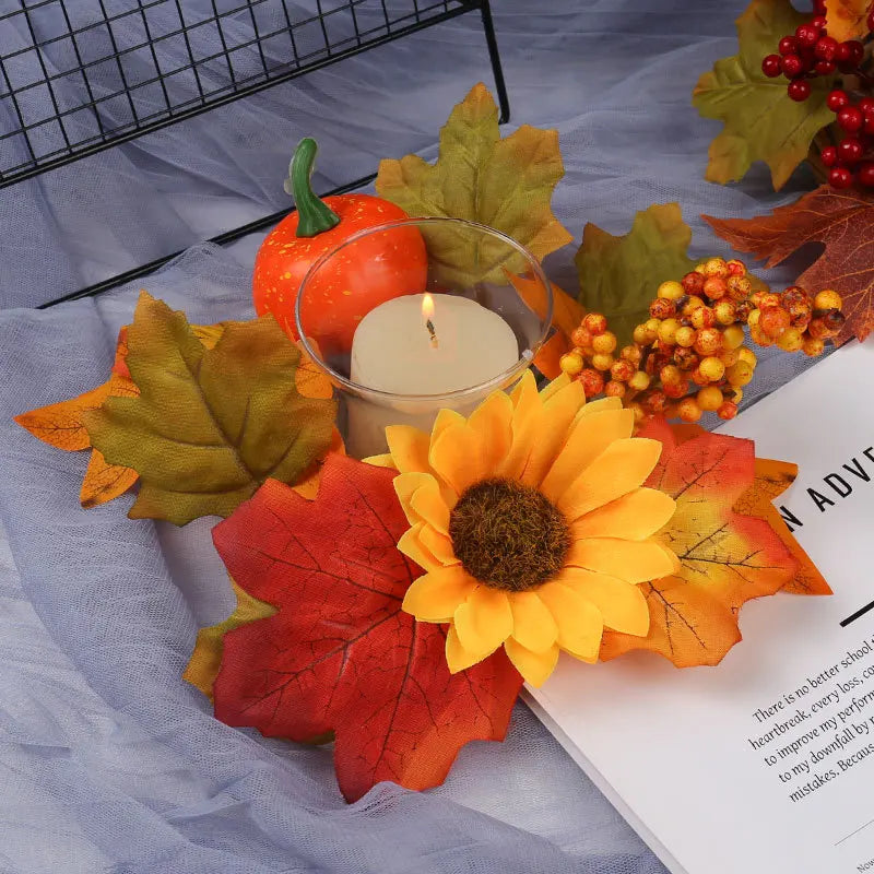 Thanksgiving Candle Ring – Maple Leaves & Pumpkin Fall Wreath