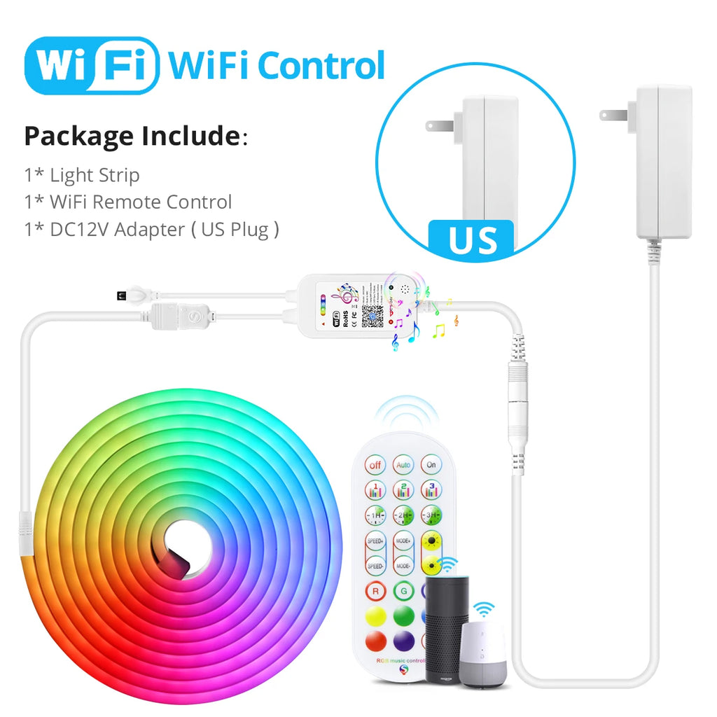12V RGB LED Neon Strip Lights Waterproof SMD3535 Smart WiFi App Control Flexible Silicone Gel Tape Ambient Lamp for Alexa Google Oasis Select USA Power Plug 5m