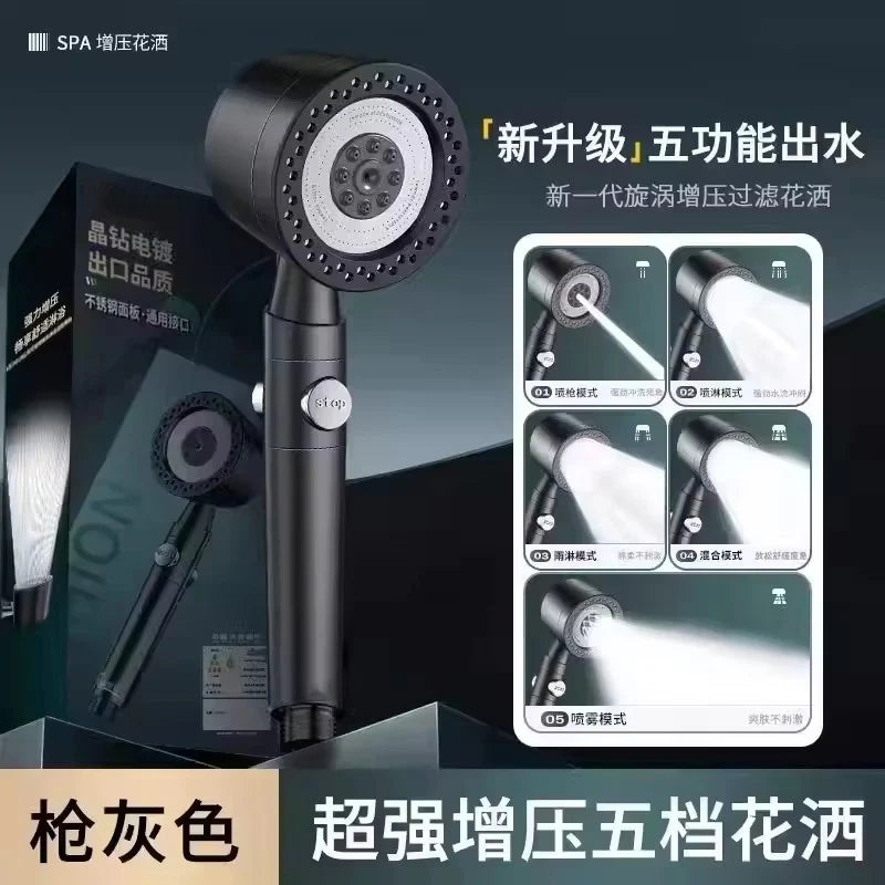 New High Pressure Water Saving Filter Shower Head 5 Modes Handheld Shower Head One Button Stop Bathroom Accessories Set Oasis Select Grey Shower