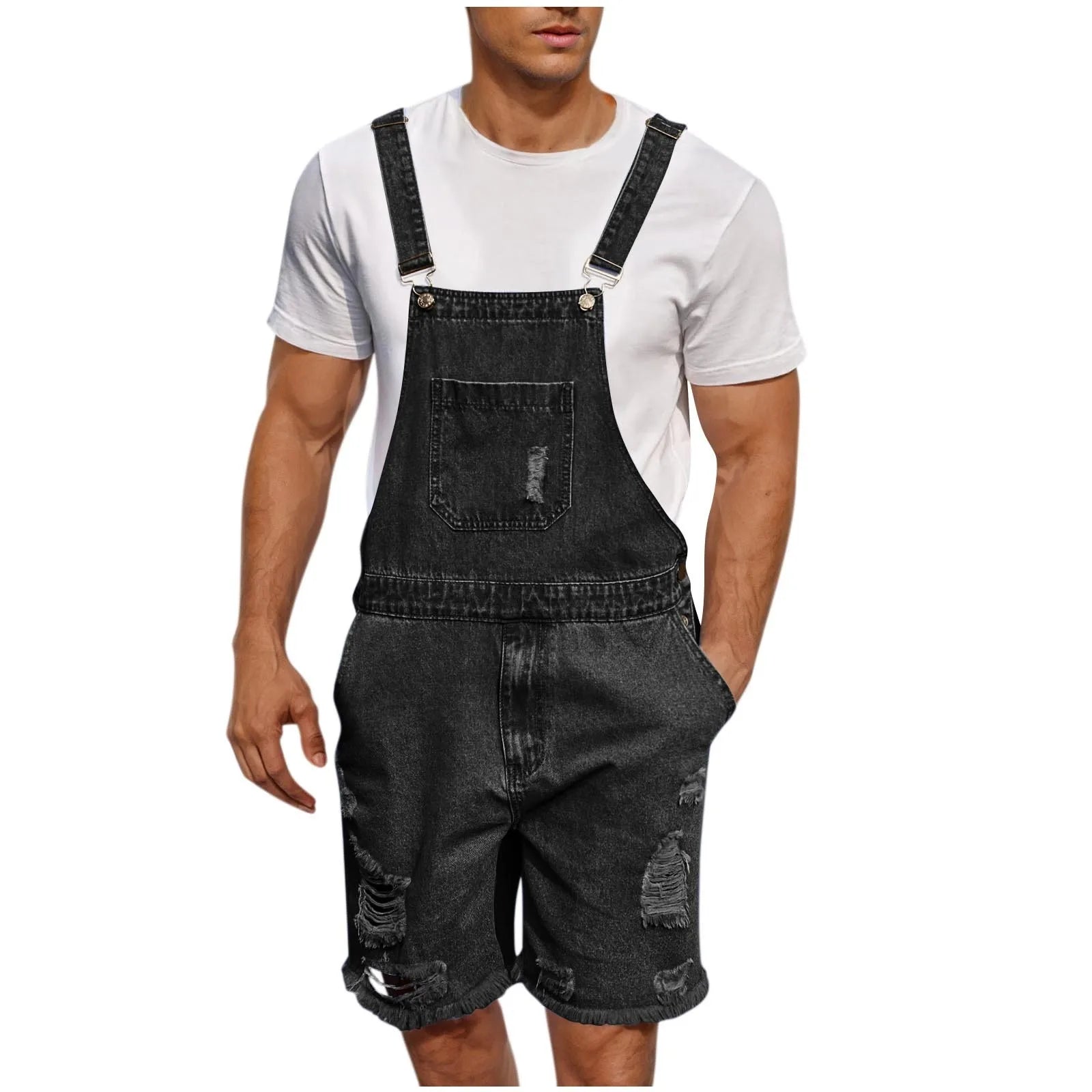 Summer Men's Vintage Jeans Overalls Elastic Denim Jumpsuit With Pockets Men Casual Button Suspenders Short Pants Oasis Select