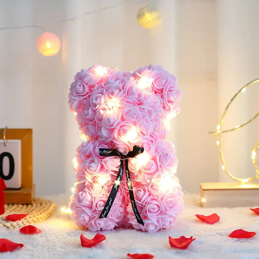 25cm Artificial Teddy Rose Flower Bear with Box Romantic Valentines Day Gift Girlfriend Anniversary Wedding Party Supplies Oasis Select 6 With Box