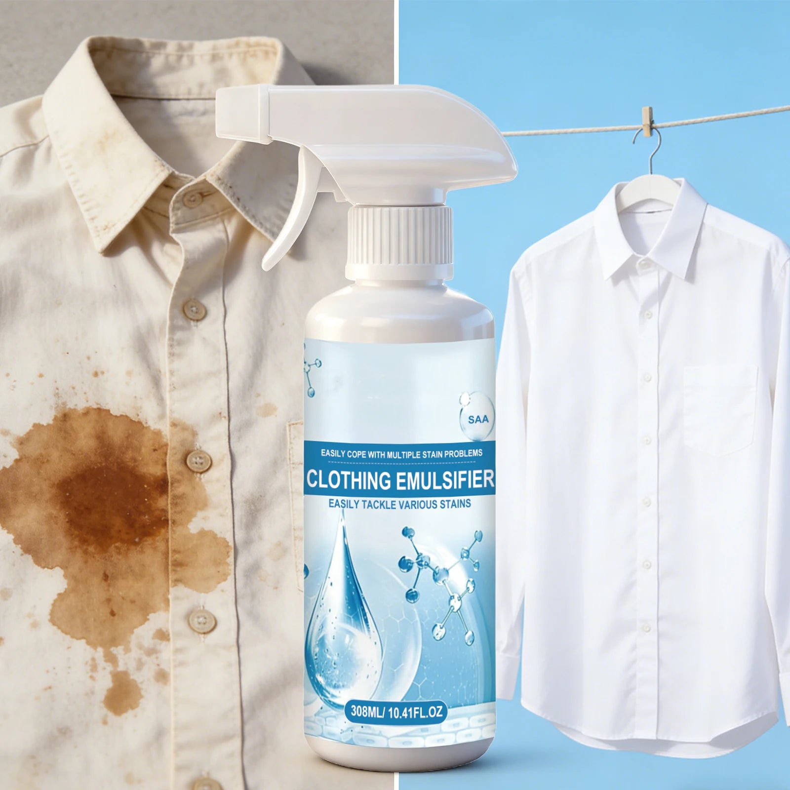 Clothing Emulsifier Stain Remover Spray Removal of Oil, Grease, Blood & Sweat Stains for White Clothes All-Purpose Cleaner 308ml Oasis Select