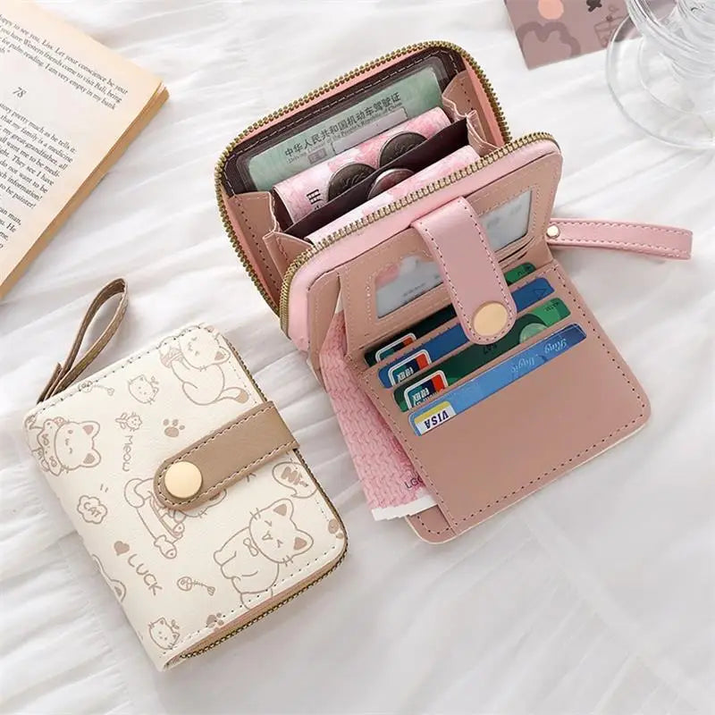 Japanese Cute Cat Girls Wallet Short Student ID Bank Card Holder Money Bag Zipper Wallets For Women Key Storage Purse Coin Purse Oasis Select