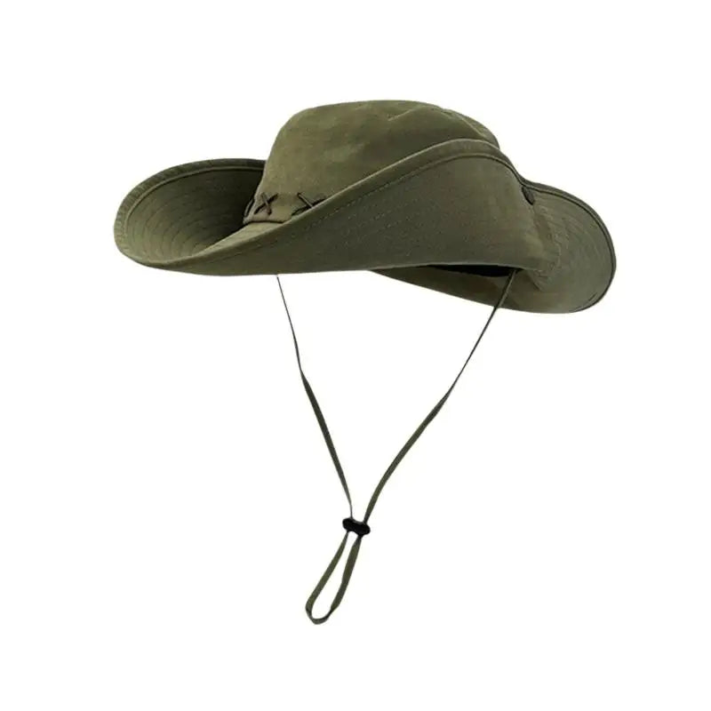 Wide Brim Retro Western Cowboy Hat Unisex Sun Protection Outdoor Hiking Camping Fishing Hat with Adjustable Chin Strap Oasis Select Army green