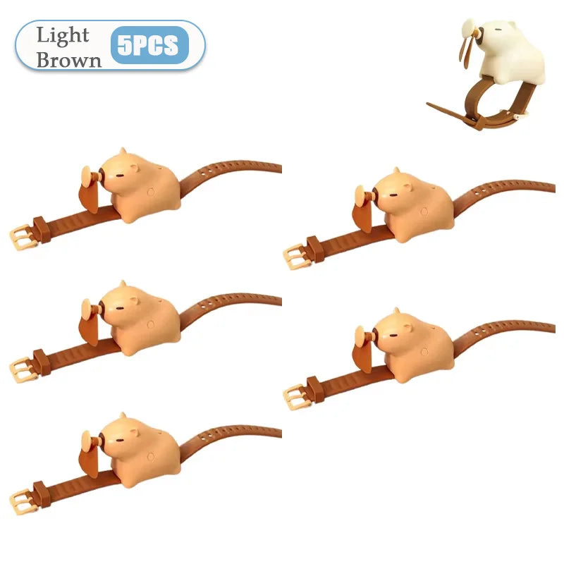 1-10PCS Cute Capybara Wrist Fan Portable Handheld Fan USB Rechargeable Silent Wearable Watch Style Cooling Gadget for Summer Oasis Select Light Brown-5PCS