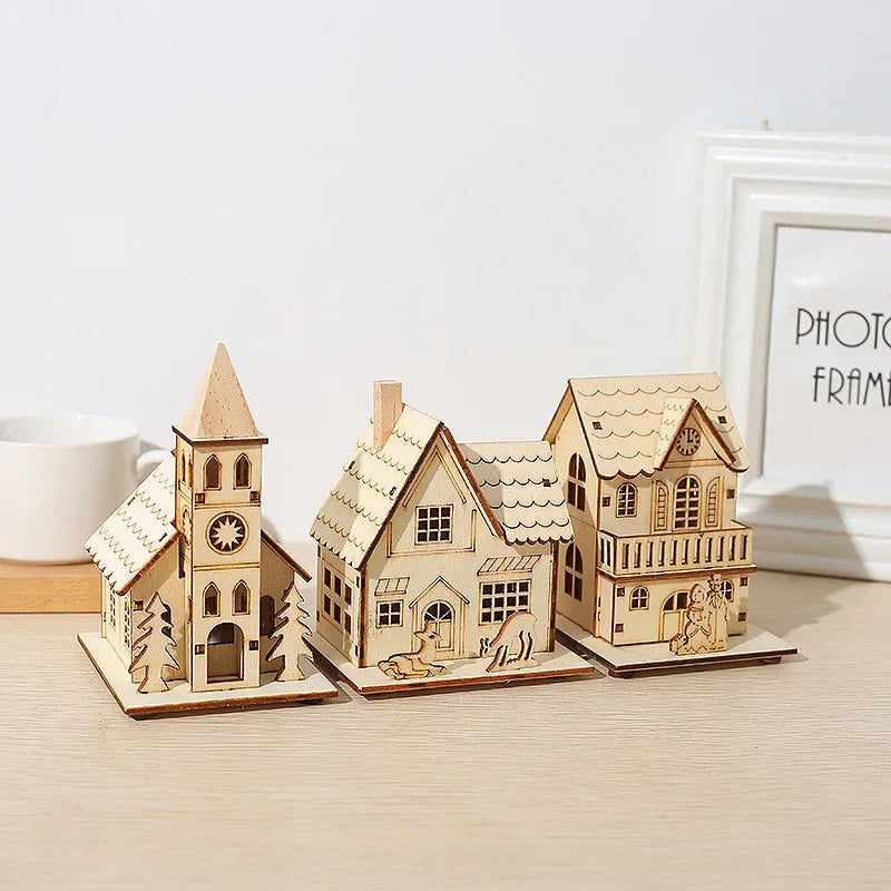 DIY Merry Christmas Decorations Mini Wooden House Luminous Cabin Christmas Tree Hanging Xmas Ornaments New Year Kids Gift Oasis Select