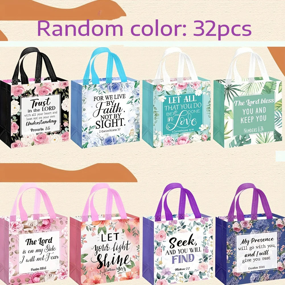 8/16/32pcs Floral Bible Tote Bag - For Christian Baptism, Non Woven Bag, Reusable Tote Bag, Baptism, Wedding Birthday, Inspiring Oasis Select Random color 32pcs Other