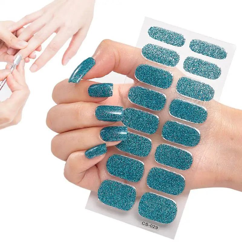 new 16Tip French Glitter Foil Gel Nail Wraps UV Semi-Cured Full Cover Nail Patch Strip Sticker UV LED Lamp Gel Nail Polish Wrap Oasis Select