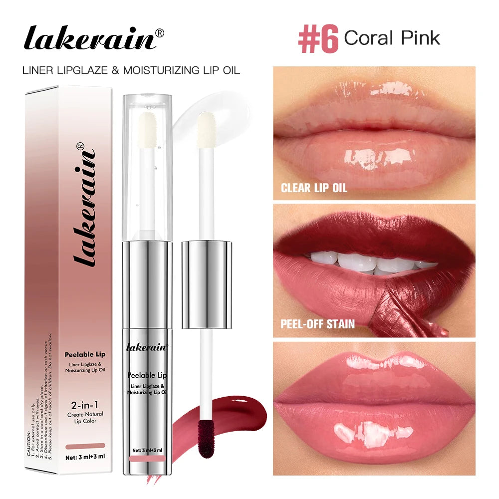 2 IN 1 Doublw-Ended Peel Off Lip Liner & Lip Oil Waterproof Matte Nourishing Smudge Proof Lipstick Long Lasting Cosmetics Makeup Oasis Select 6 Coral Pink