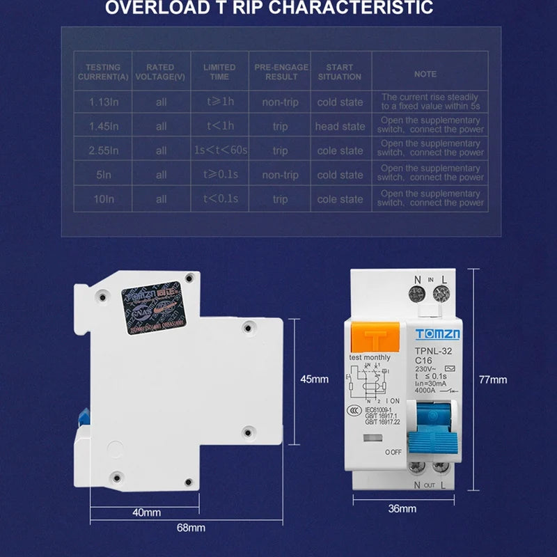 TOMZN TPNL DPNL 230V 1P+N Residual Current Circuit Breaker With Over And Short Current Protection RCBO MCB, TPNL Oasis Select