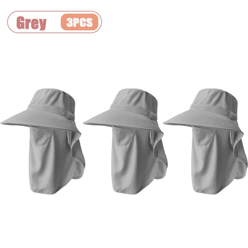 Breathable UV Protection Sun Hat with Face Cover and Neck Flap for Women Summer Outdoor Fishing Hiking Gardening Wide Brim Cap Oasis Select Grey-3PCS