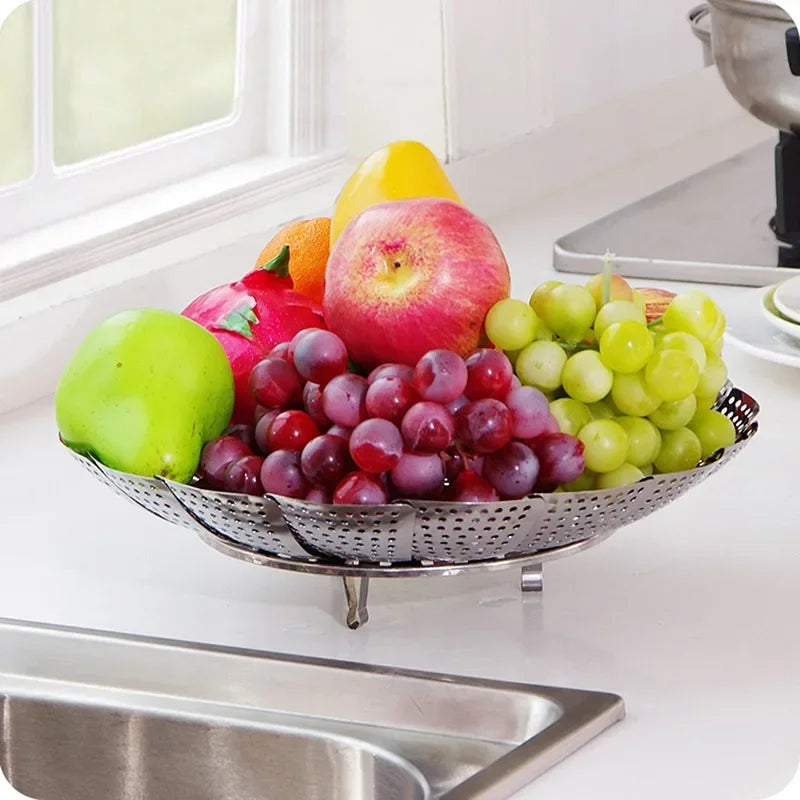 Silver Stainless Steel Retractable Folding Steamer Plate Multifunctional Food Steamer Vegetable Fruit Basket Oasis Select
