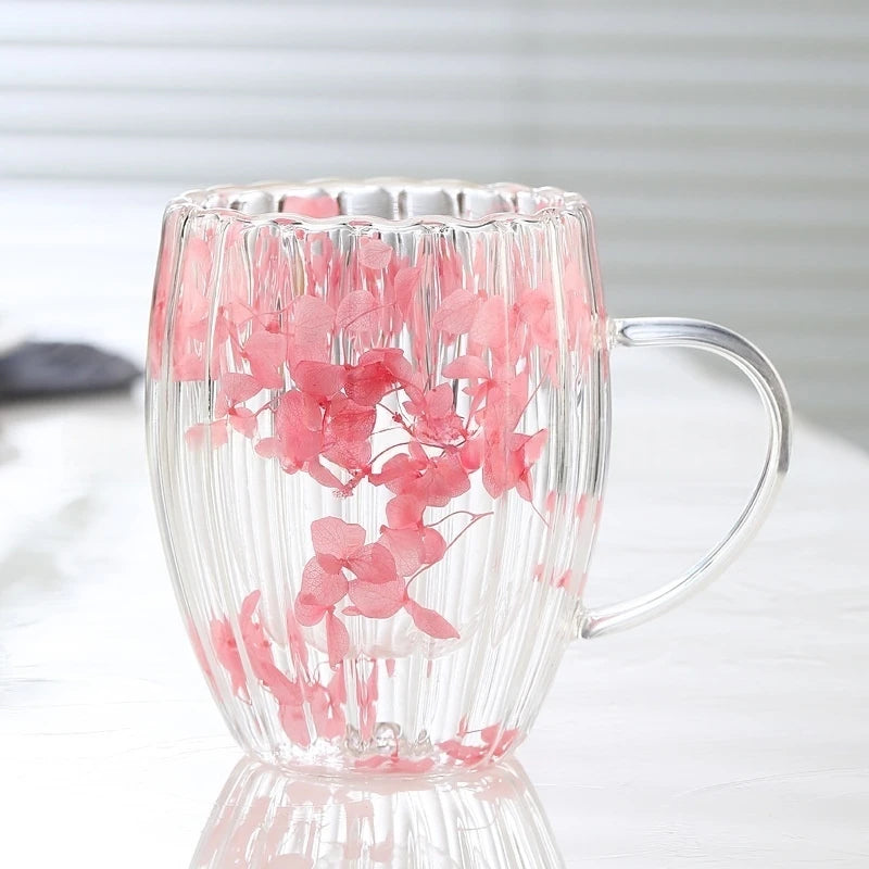 Borosilicate Double-Wall Ribbed Glass Mug, Dried-Flower Heatproof Lovely Cup for Coffee & Tea, Home&Office Gift, Handwash Oasis Select Pink 450ML