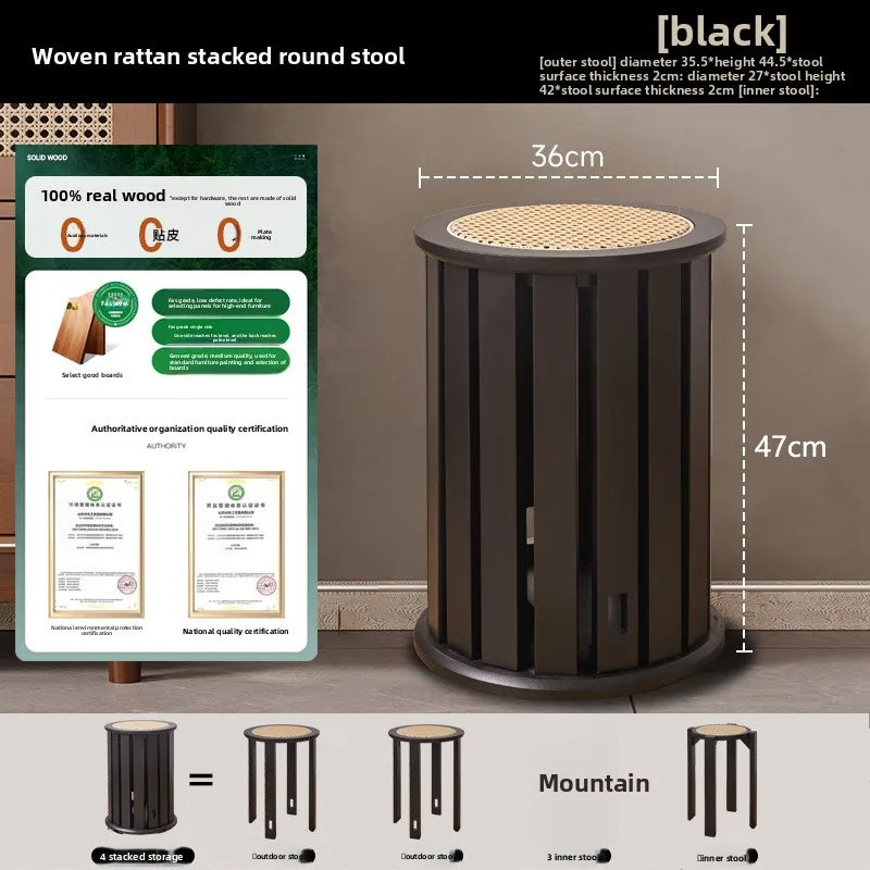 Household stools can be stacked solid wood round stools stacked low stools with pulleys wooden stools sturdy and durable Oasis Select Black-4D