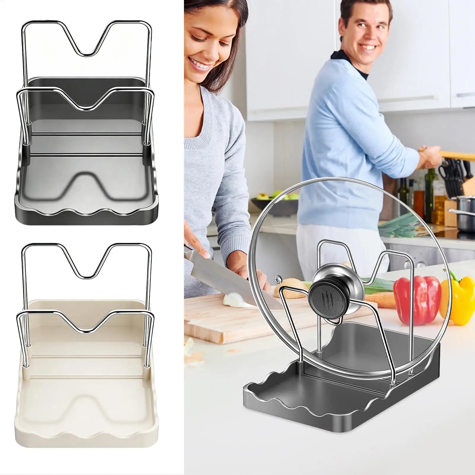 Pot Lid Organizer Vertical Spoon Storage Shelf with Drip Tray Stainless Pot Lid Storage Rack for Kitchen Baking Cooking Pantry Oasis Select