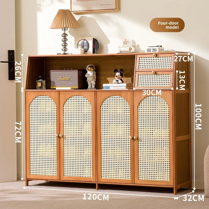 Solid wood shoe cabinet grid reticulated breathable household entrance entrance door door shoe cabinet storage entrance cabinet Oasis Select Brown-Four Doors