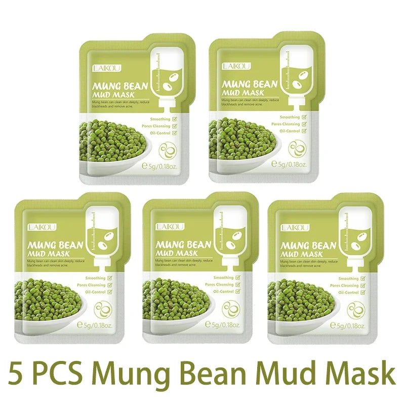 LAIKOU 5Pcs Mix Mud Mask 5g Eggplant Tea Tree Matcha Sakura Deep Cleansing Oil Control Blackhead Remover Hydrating Facial Mask Oasis Select Mung Bean