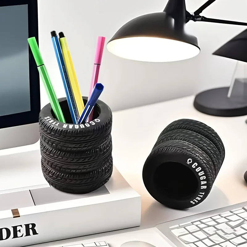 1pcs Fun Tire-Shaped Pen Holder -PVC Desk Organizer, Ideal for School and Office Supplies, Painted Finish, Office Supplies Oasis Select