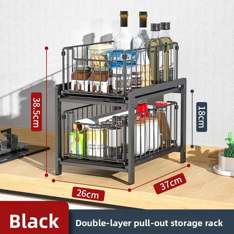 Cabinet drawer rack, kitchen supplies storage basket, layered seasoning, under dishes, sink, pull storage box Oasis Select black