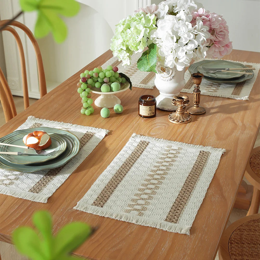 Cotton Hemp Rope Placemat, Holiday Cutlery Mat Woven Color Blocked Striped Tassel Bowl Mat Oasis Select