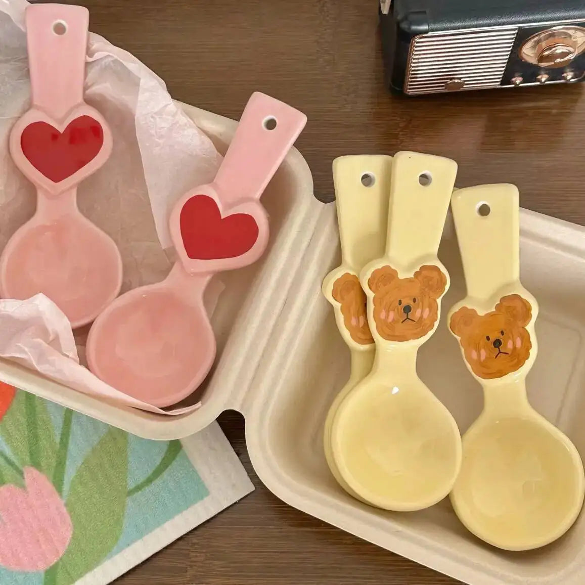 Cute Bear Heart-Shaped Ceramic Spoon Children's Rice Spoon Dessert Spoon Kitchen Tablewear Oasis Select