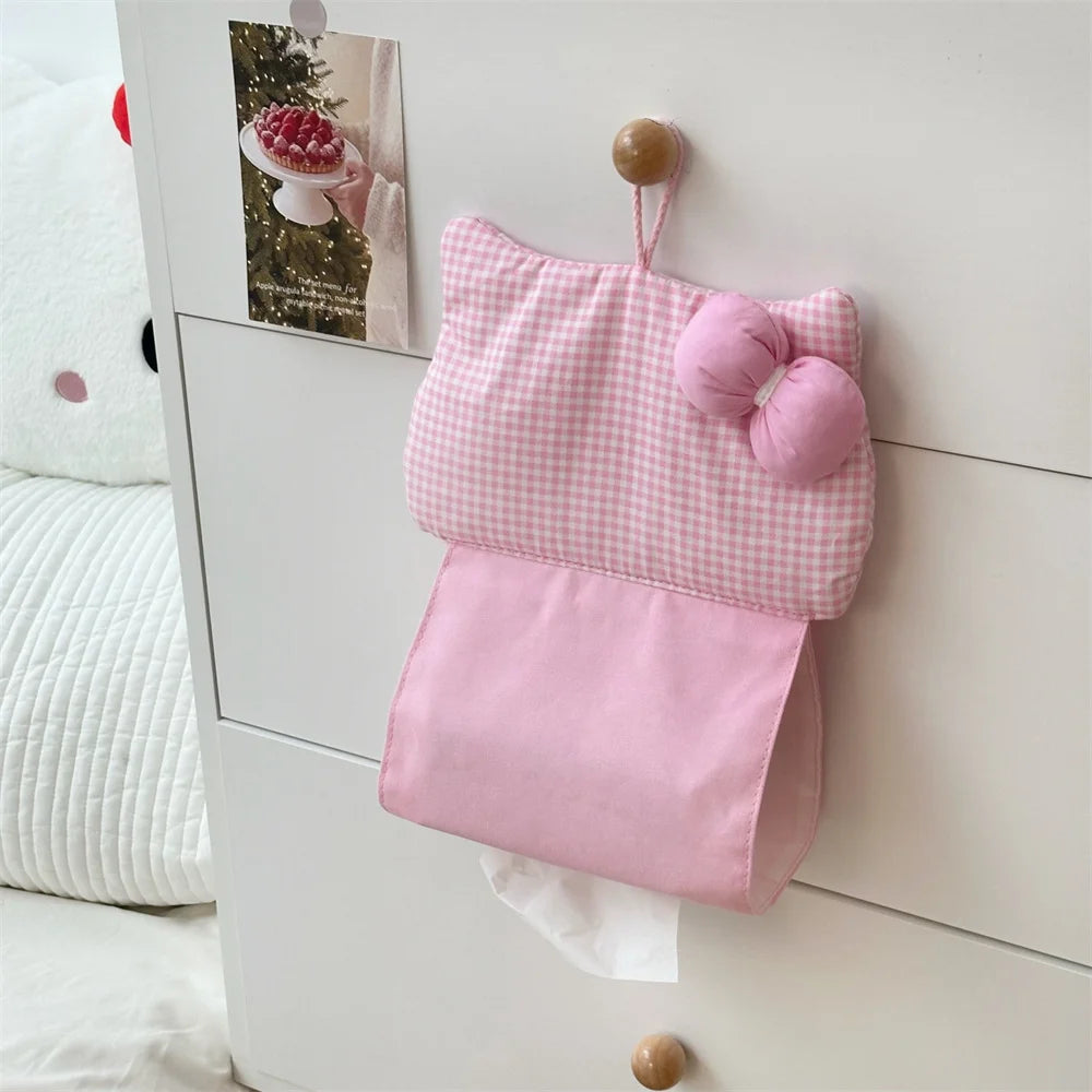 Portable Hanging Tissue Case Red Plaid Fabric Bow Tissue Box Living Room Container Home Car Towel Napkin Papers Bag Home Decor Oasis Select Pink