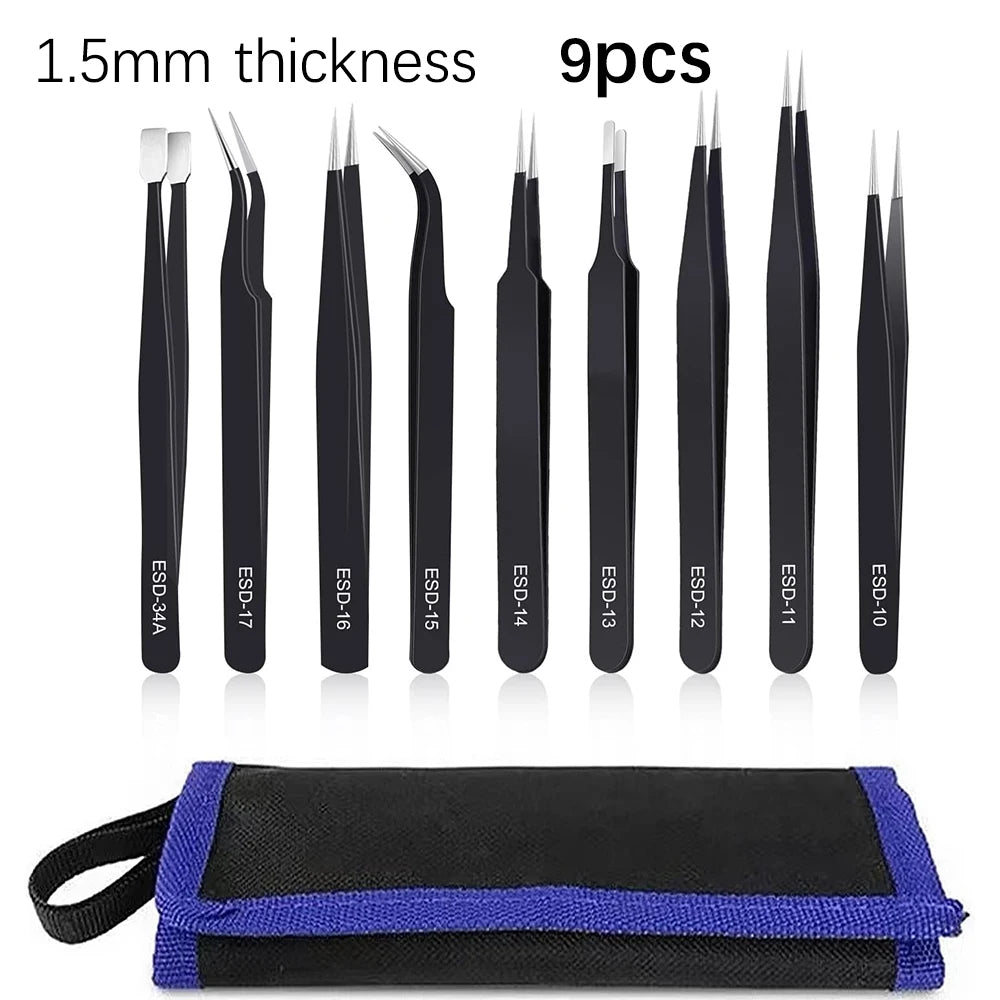 Precision ESD Anti-Static Tweezers Tool 6-10pcs Stainless Steel, 1.5MM Thick, for Electronics Repair Craft Modeling DIY Nail Art Oasis Select 9pcs