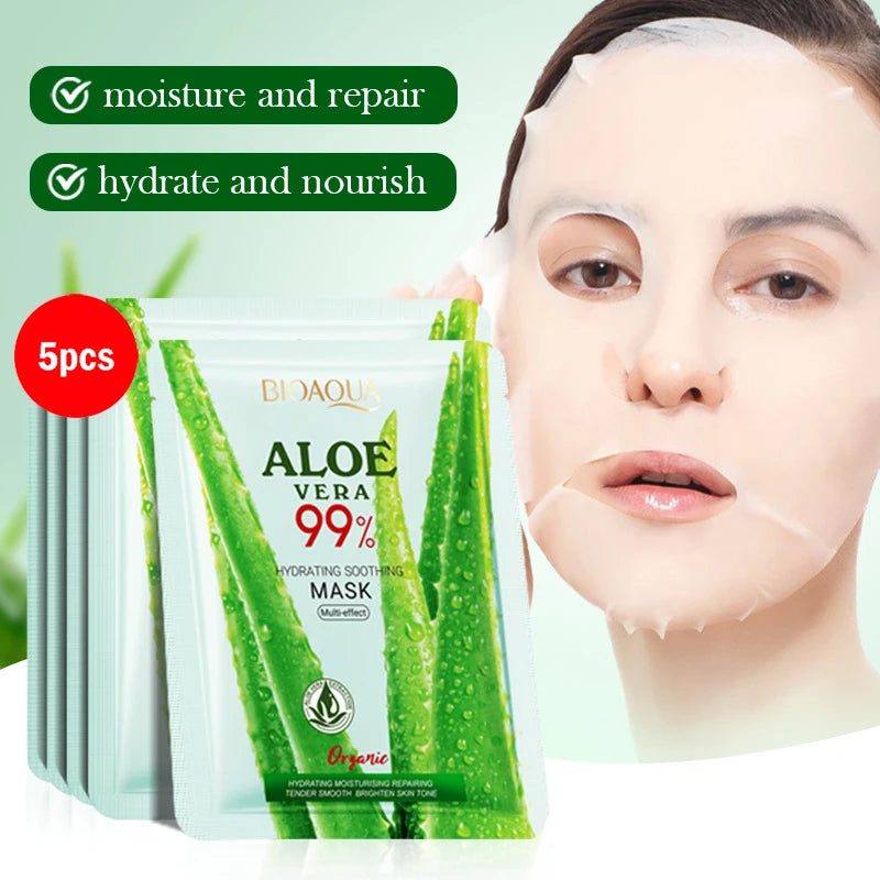 BIOAQUA Aloe Vera Facial Masks – Hydrating & Brightening 5/10pk Facial Sheet Mask Oasis Select 5pcs