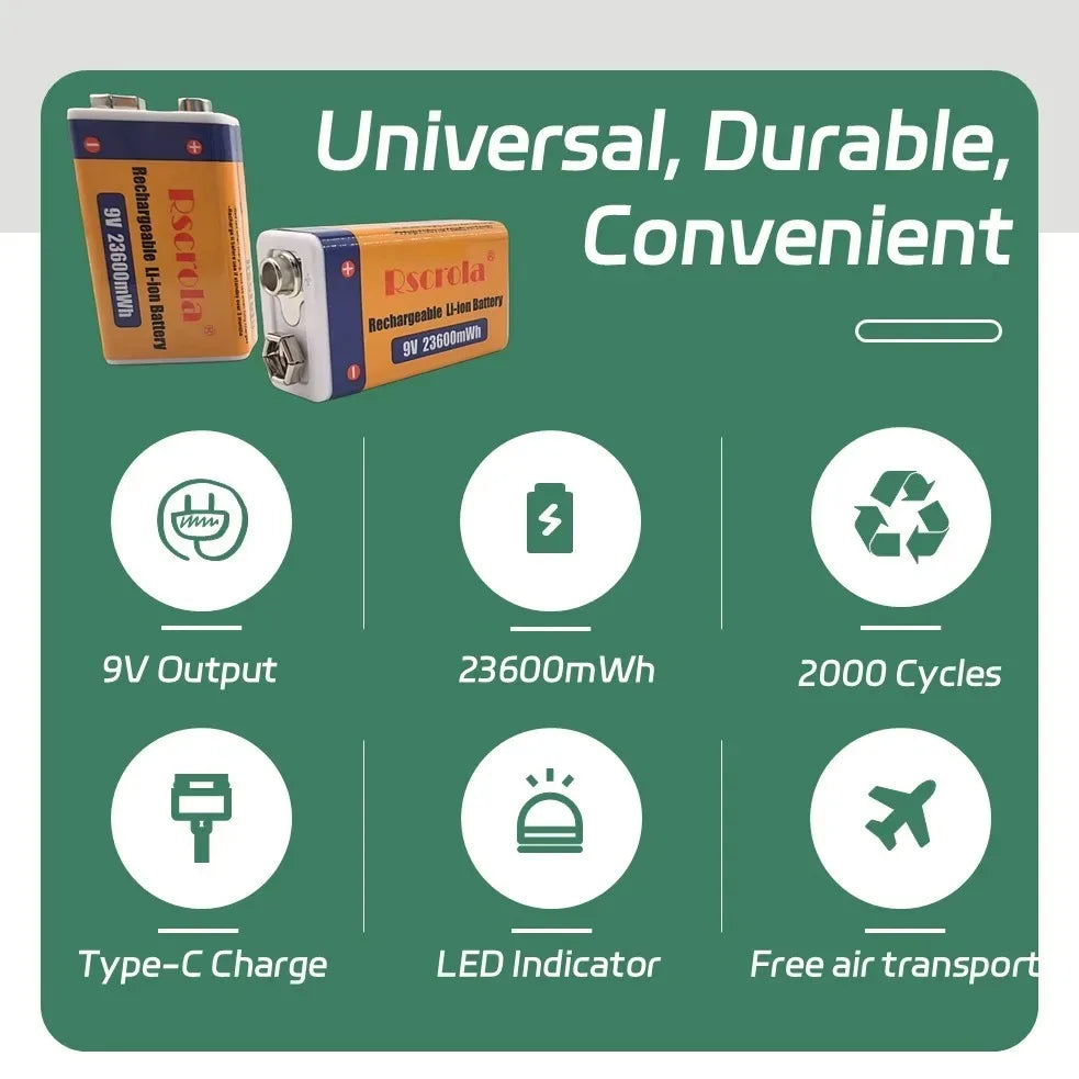 Rscrola 9V USB-C Rechargeable Battery 23600mWh Li-ion Constant Voltage for Guitar Pedal Smoke Detector Multimeter, Long Life Wit Oasis Select