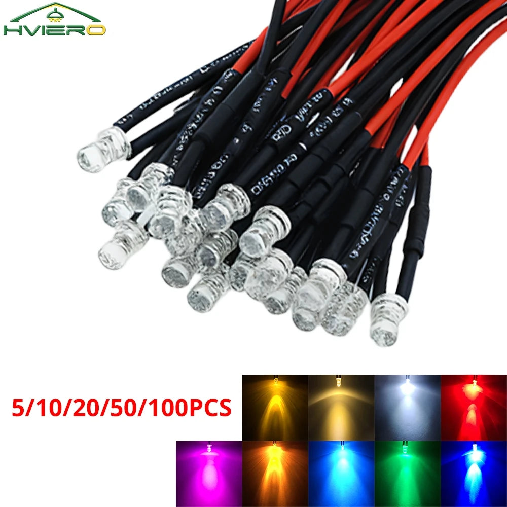 3mm Pre-Wired LED Bulbs DC 12V Water Clear | 5–100 Pack