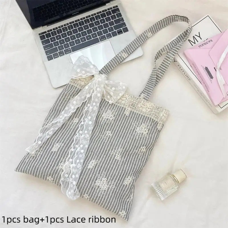 Lace Trim Polyester Tote Shoulder Bag | Foldable Travel Handbag