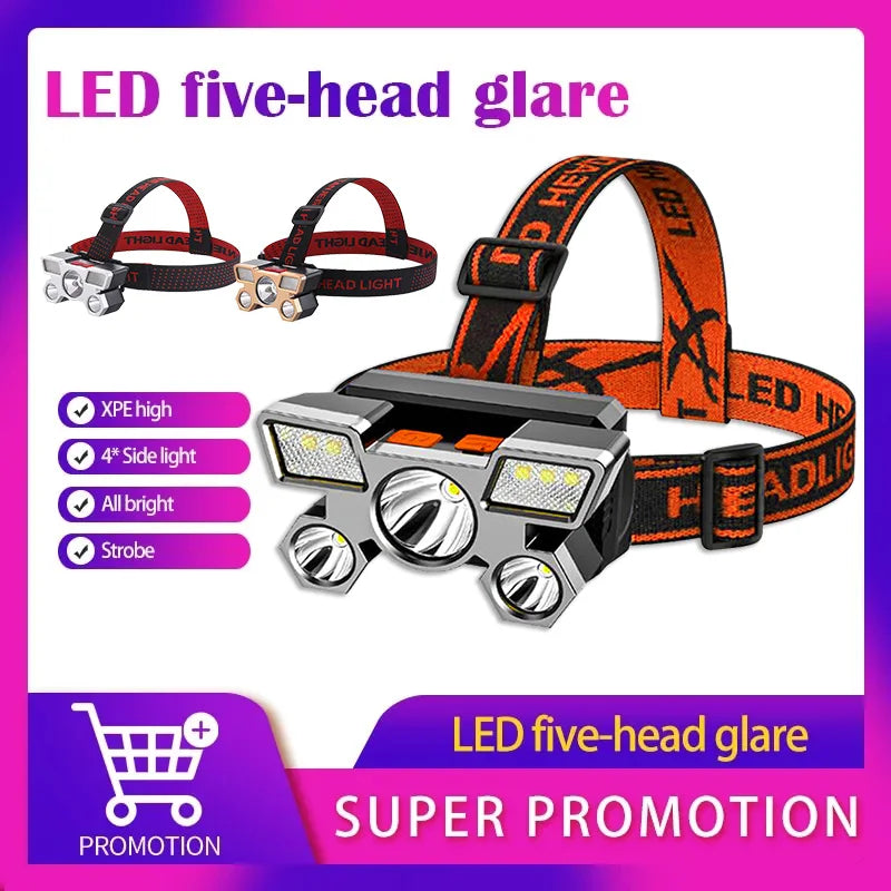 5 LED USB Rechargeable Headlamp 18650 Built in Battery Headlight Portable Head Flashlight Working Light Fishing Camping Lantern Oasis Select