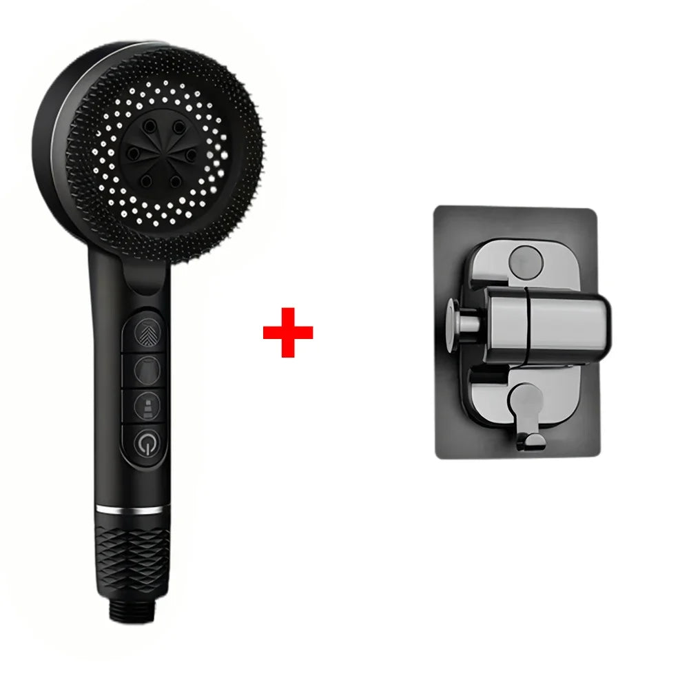 4 Modes Self-cleaning Shower Head with Silicone Brush One-Key Stop Water Massage High Pressure ABS Showerhead with Filter Oasis Select Black Base Set