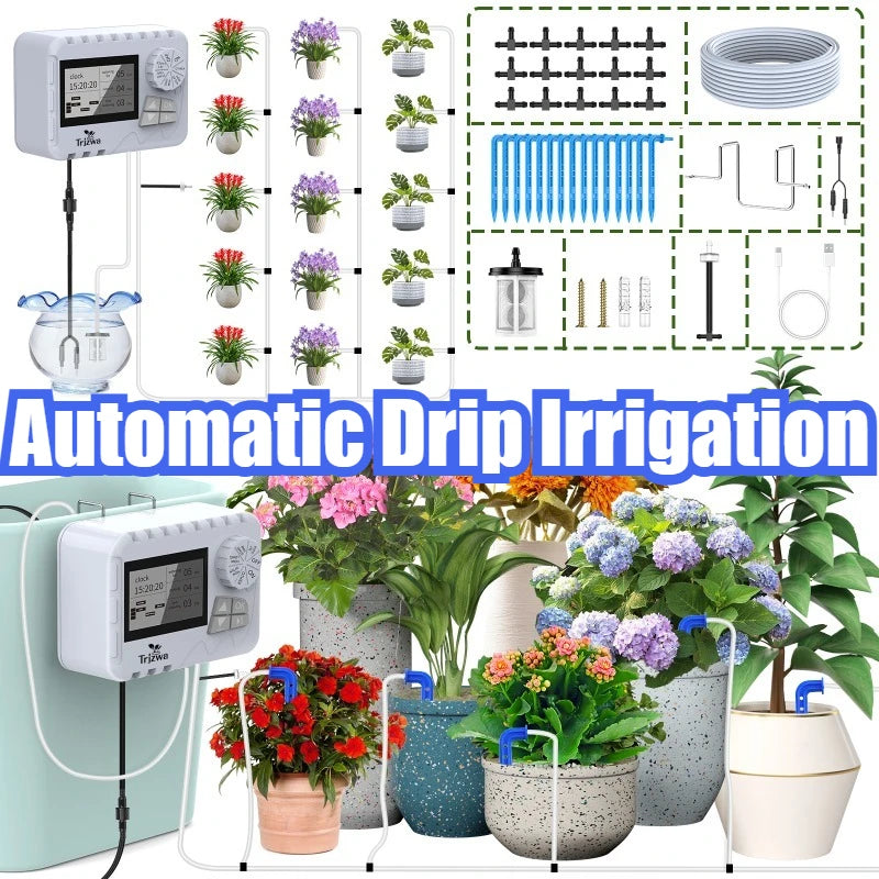 Indoor Automatic Irrigation System,2200mAh Watering Timer USB Rechargeable,Self Watering System with Drip Hose 15 Drip Tips Etc Oasis Select