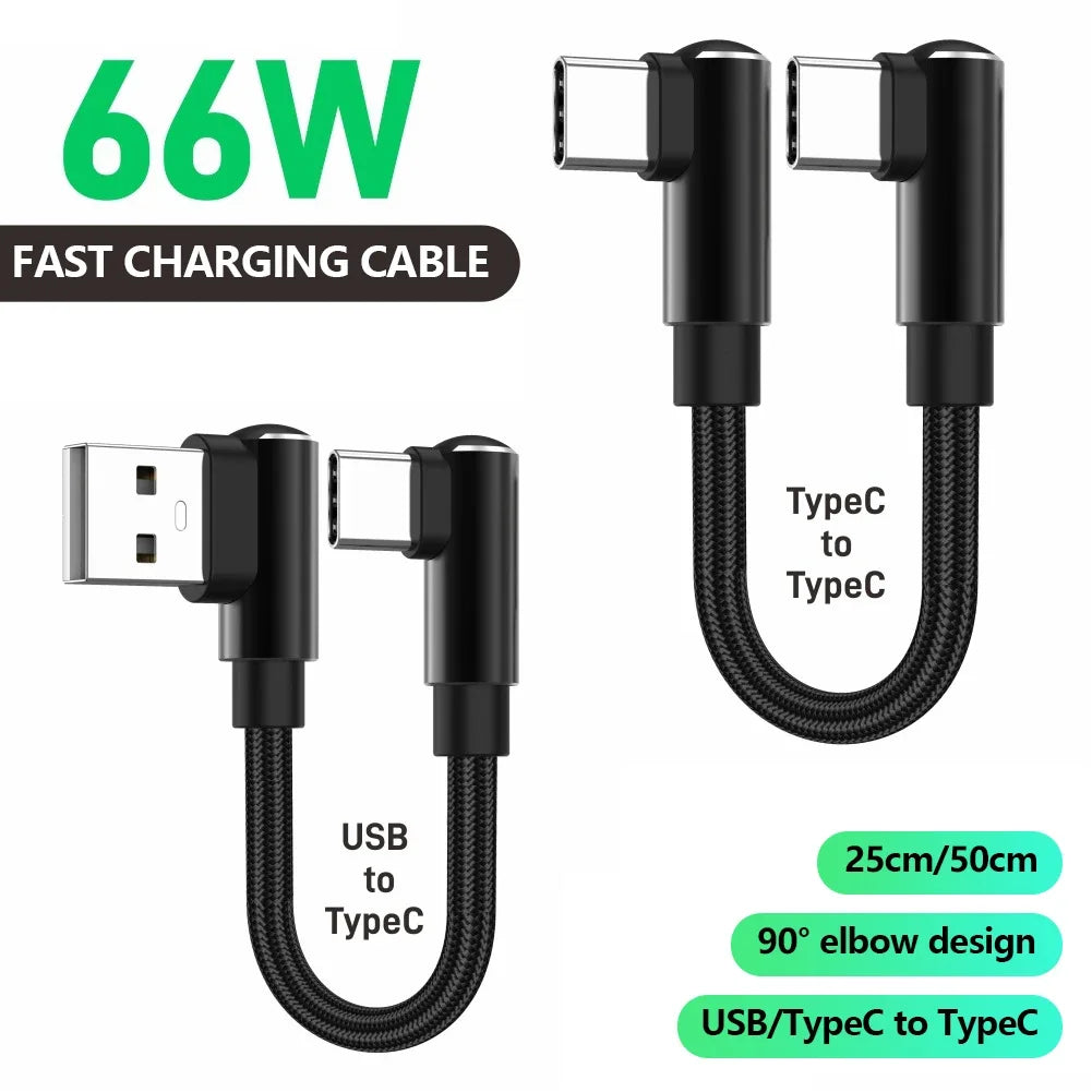 90° Elbow USB-C Fast Charging Cable 66W 6A | 25cm & 50cm